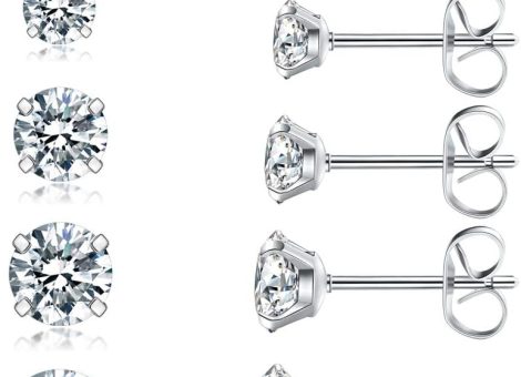 5 Pairs Stud Earrings Set, Hypoallergenic Cubic Zirconia 316L Earrings Stainless Steel CZ Earrings 3-8mm (Steel color)